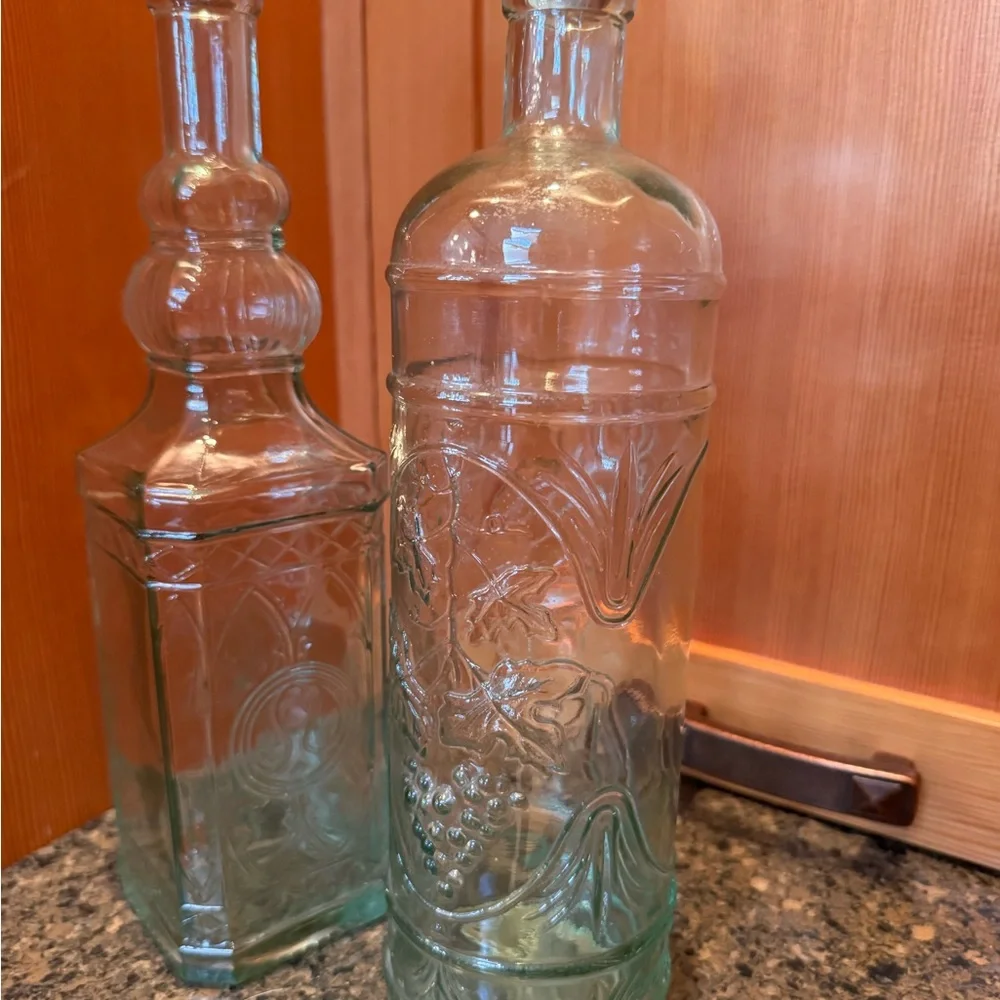 (2) Vintage Embossed Williams-Sonoma Spanish Blue/Green Glass Bottles